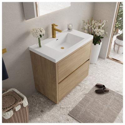 Meuble-lavabo autoportant 36 po avec plateau en résine de pierre et tiroirs à fermeture douce en chêne naturel