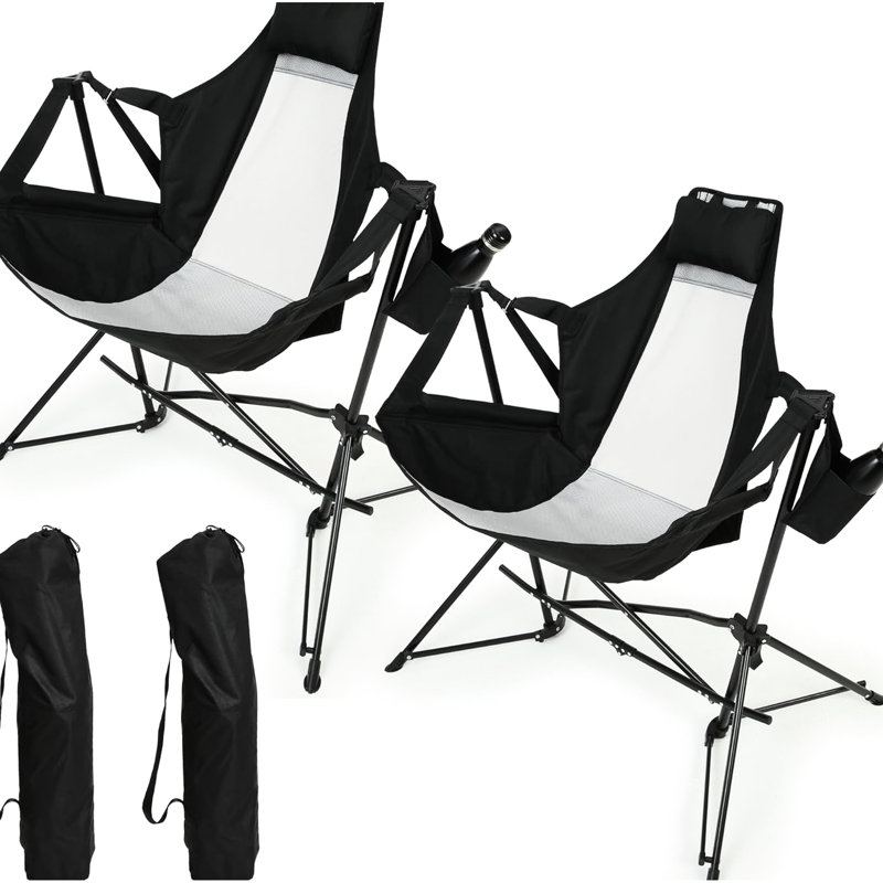Folding Portable Chair, Black With Pillow & Cup Holder, Adjustable Back For Outdoor Camping Garden, 2Pcs, 250Lbs Load Travel Patio, Black,