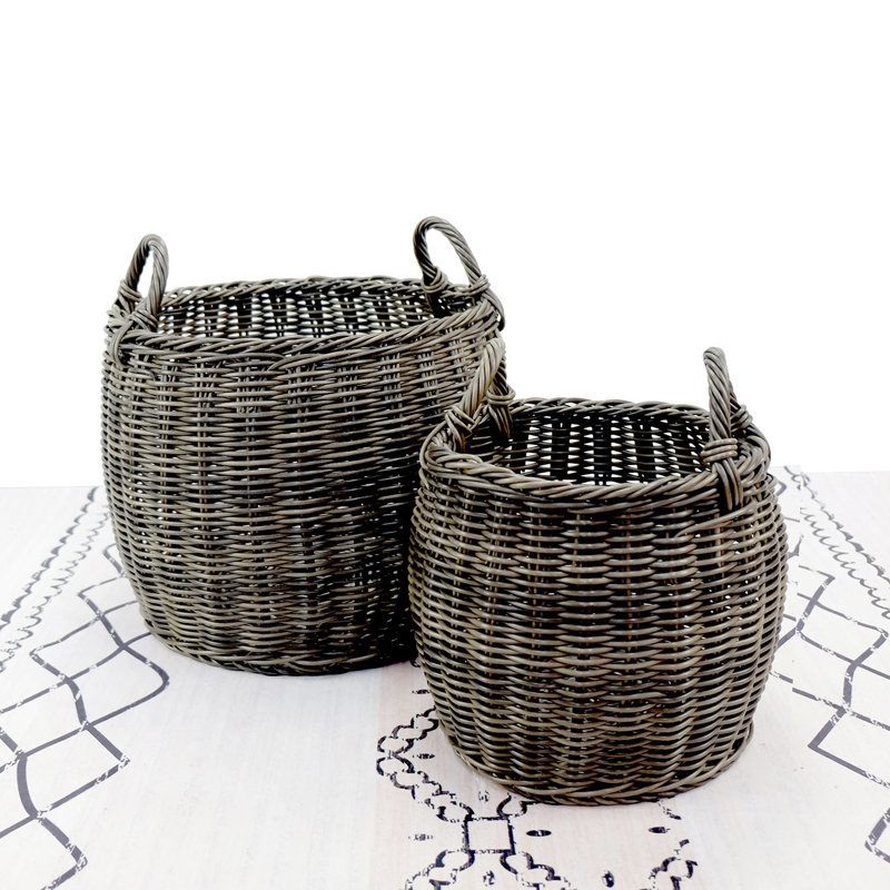Hand Woven Storage And Laundry Basket  2  - Dark Gray Plastic For Small Items 16.57 In. X 15.31 With Handles 2 Snack Bars