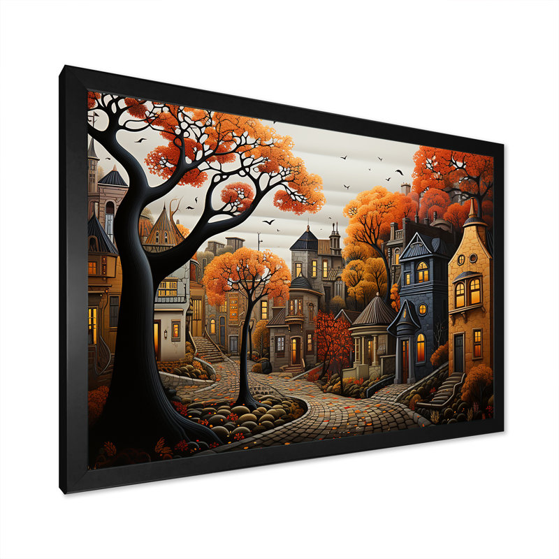 Cozy village in Autumn Moonlit III - Art mural art déco urbain, Cadre d'angle fermé noir, H 24 po x l 32 po x P 1 po