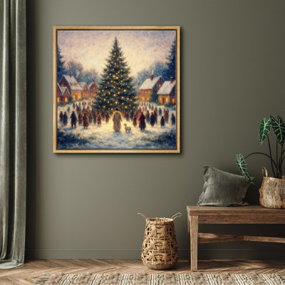 Festive Christmas Gathering Artwork, Warm Holiday Village Scene Pictures, Framed Canvas Giclee Print Wall Art