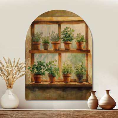 Herbs on the Kitchen Window - Green Farmhouse Arched Wood Wall Art