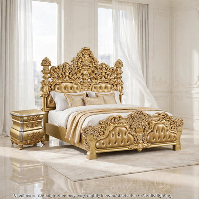 Ensemble de chambre à coucher pour lit très grand 2 pièces, design rembourré, doré, table de chevet