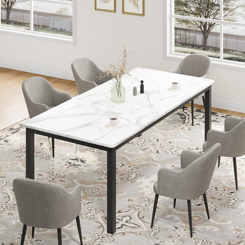 Table de salle à manger de 78,7 po de long pour 6 à 8 personnes, grande table de cuisine rectangulaire avec pieds en métal robustes, table de salle à manger industrielle moderne avec coin rond, faux marbre blanc / noir