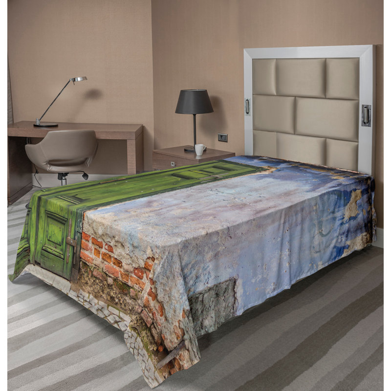 Ambesonne Rustic Top Flat Sheet Colored House Old Door TwinXL Blue Green