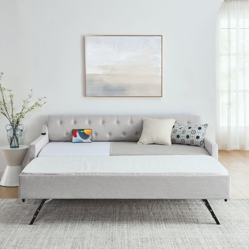 Lit de jour simple rembourré avec lit gigogne simple et charge USB, lin beige, Beige