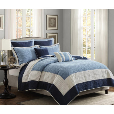 Courtepointe pour lit double / grand 7 pièces avec coussins décoratifs - bleu marine, matelassage en médaillon, taies décoratives réversibles lavables à la machine, bordure unie, rembourrage