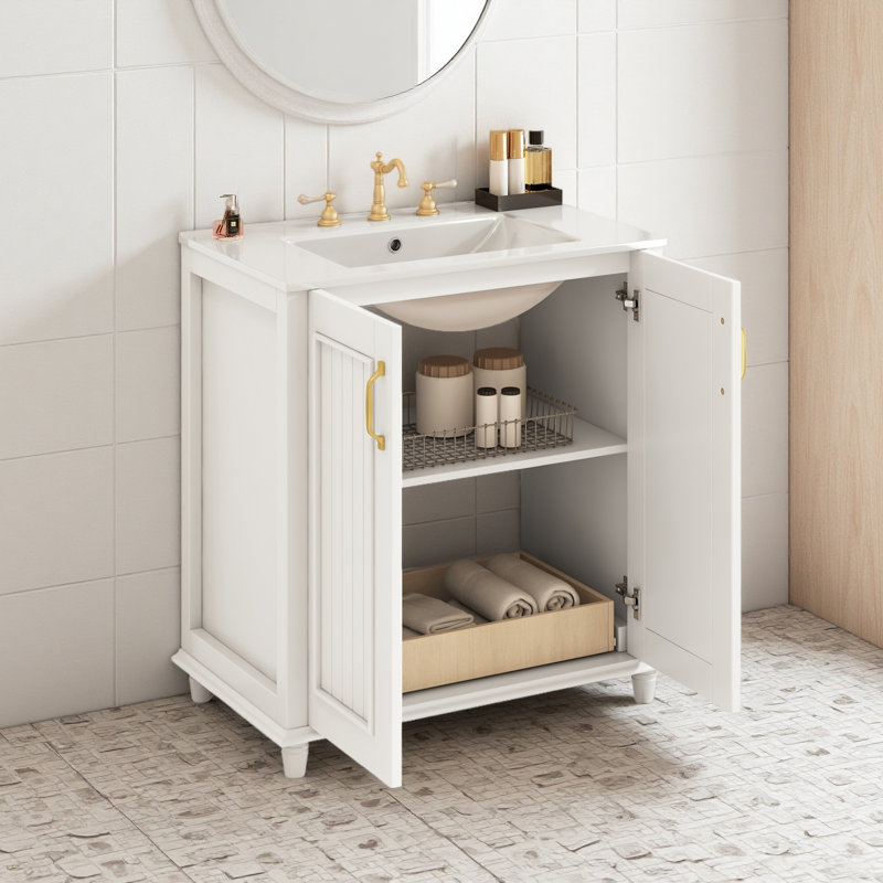 Meuble-lavabo de 30 po avec lavabo en céramique, ensemble de meuble-lavabo autoportant avec tiroir caché, armoire de rangement pour salle de bain, armoire de salle de bain