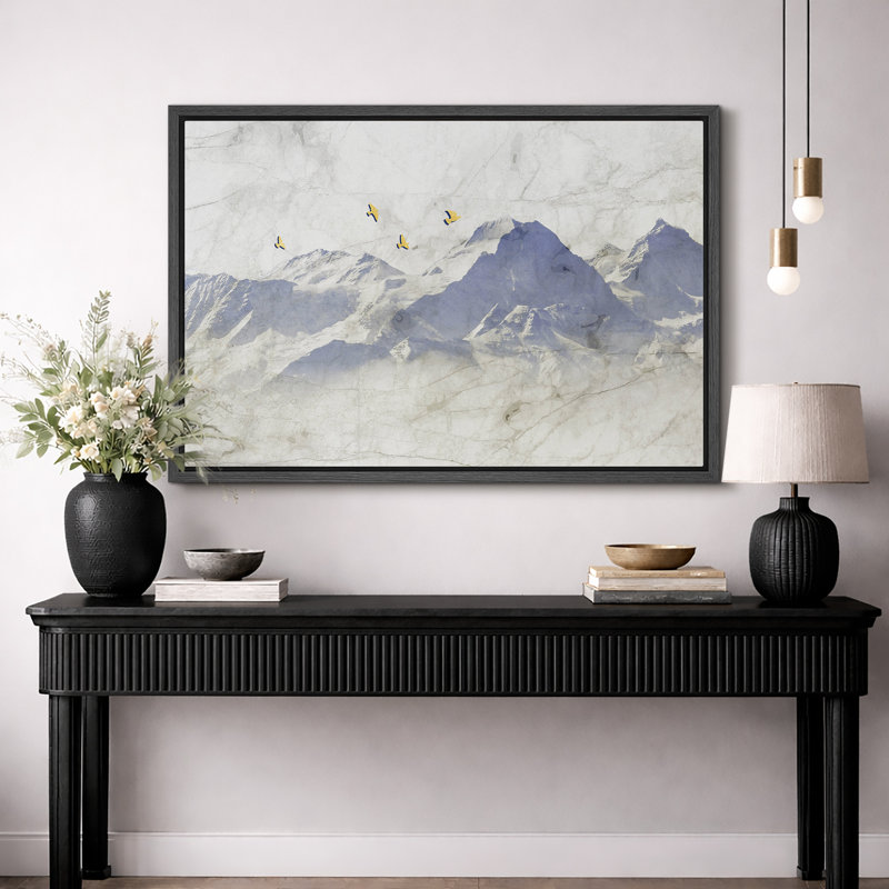 Illustration minimale d'oiseaux de montagne bleu, images de chambre à coucher, impression sur toile encadrée, impression numérique.