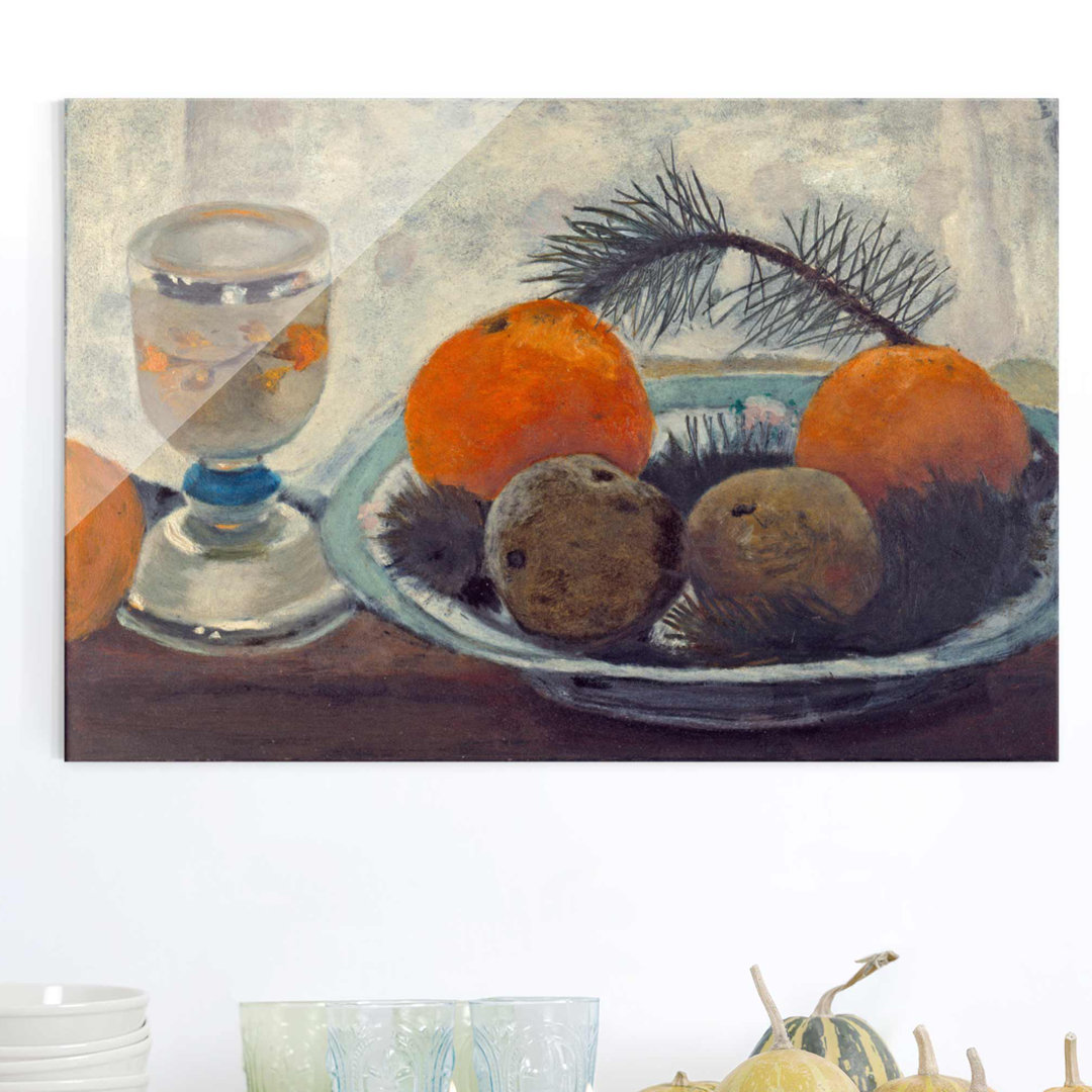 Glasbild Still Life with Matt Glass Mug, Apples and Pine Branch von Paula Modersohn-Becker