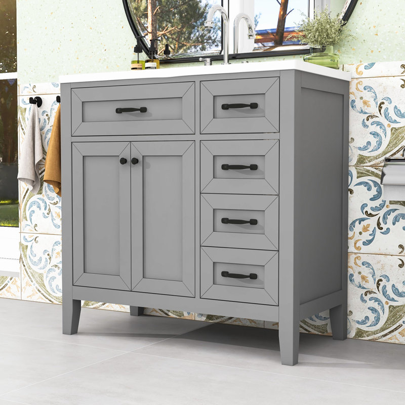 Meuble-lavabo simple 36 po avec plateau en céramique Nikan, Gris