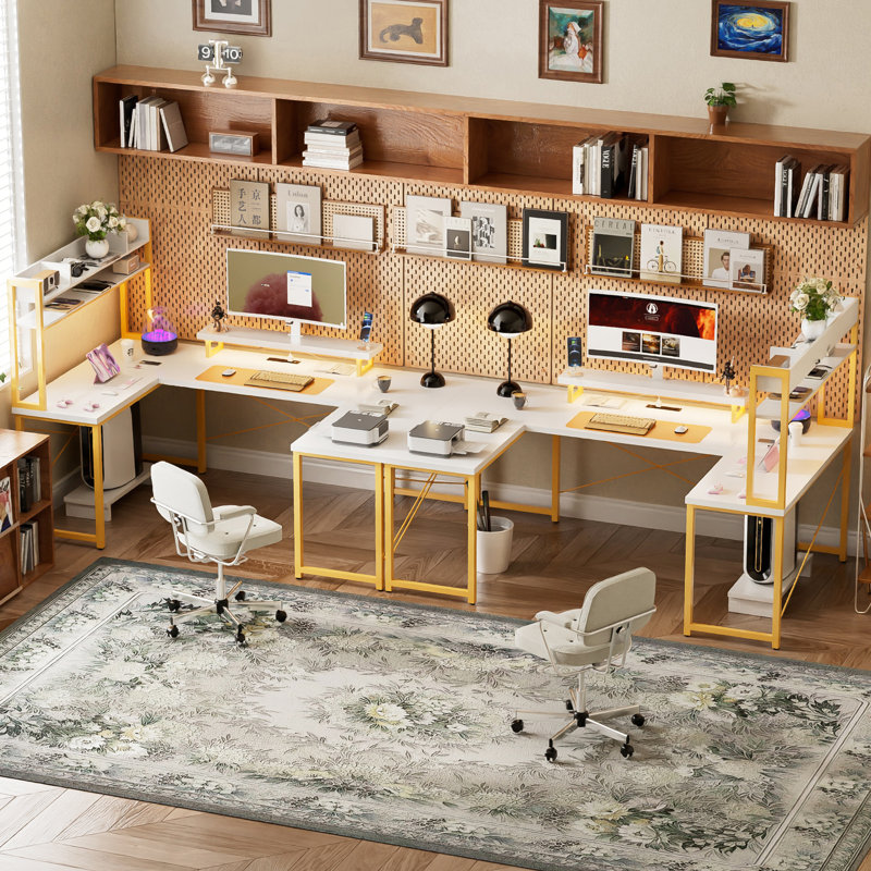 Bureau d'ordinateur en U avec prise de courant et bande DEL, grand bureau avec huche, Blanc / Doré
