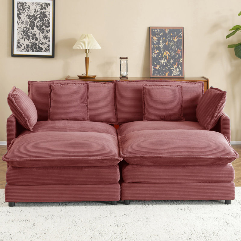 Canapé modulaire avec repose-pieds, Velours côtelé rouge