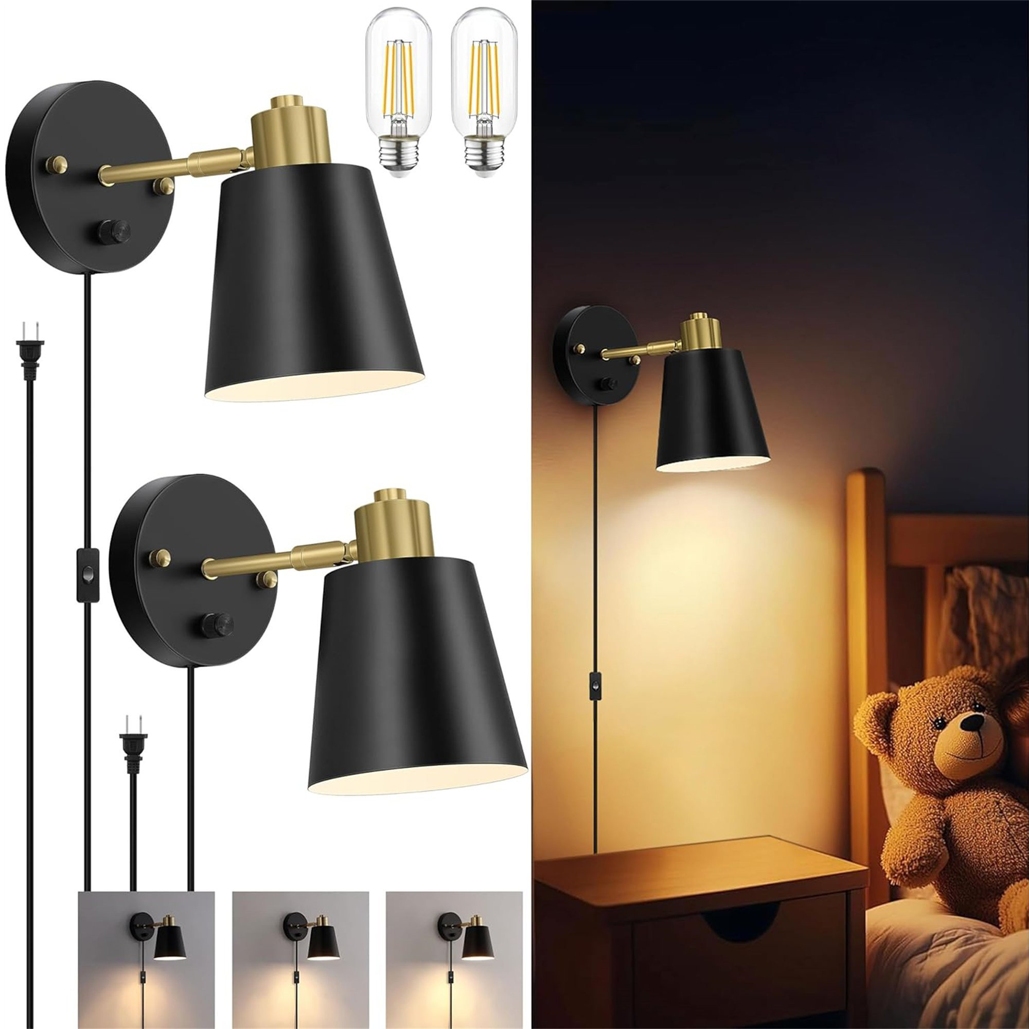 Pynsseu Dimmable Wall Sconces with Plug in Cord and Dimmer On/Off Knob ...