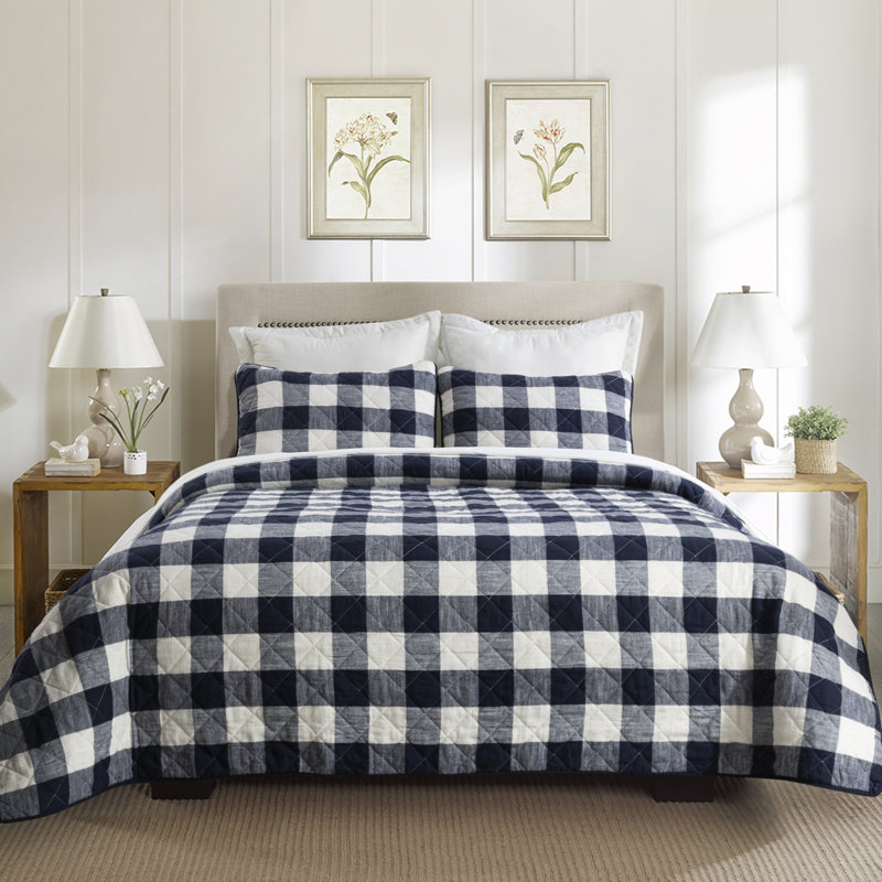 Flannel Checkered Quilt, Navy, Queen Quilt  + 2 Standard Shams