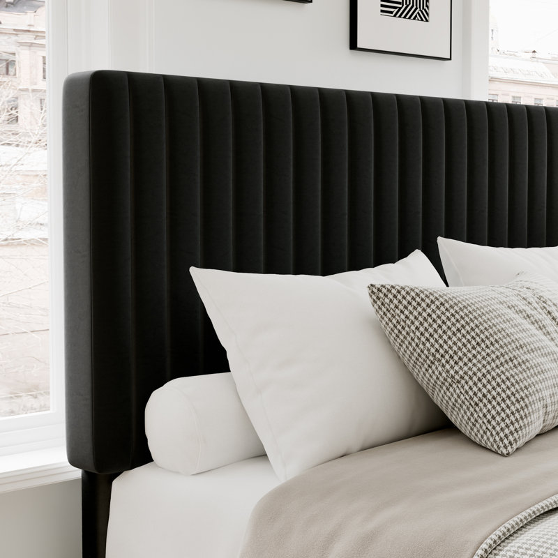 Full Size Velvet Upholstered Platform Bed with Adjustable Headboard and Wooden Slats, Full, Black