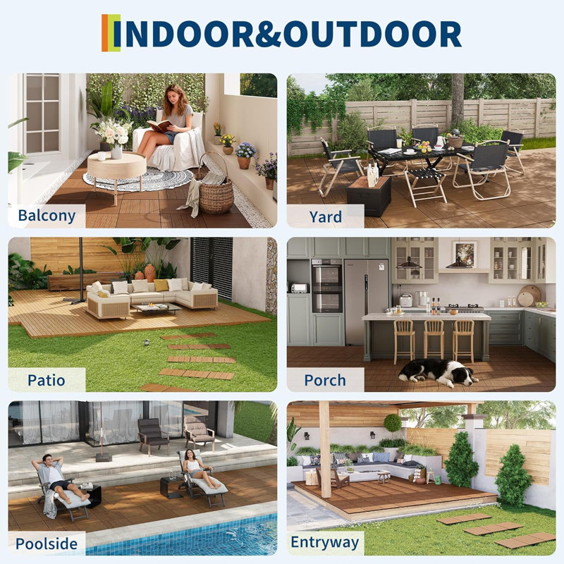 Carreaux de terrasse en bois d'acacia, 12 po x 12 po, emboîtables, Bois brun, 33