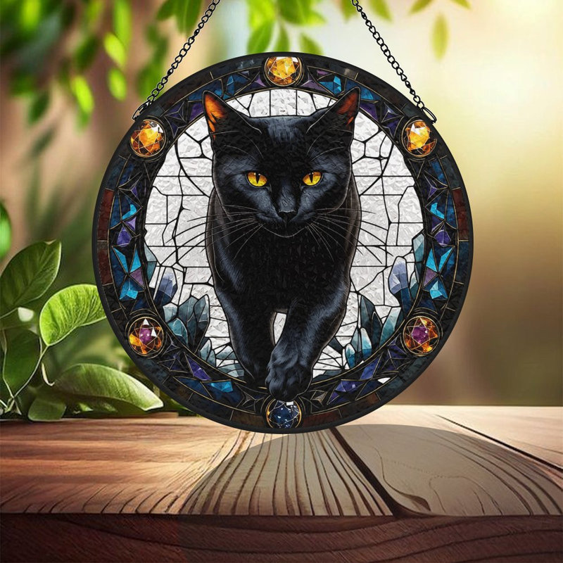 Chat noir avec vitrail de bijoux en vitrail pour fenêtre, 11,8 x 11,8 po (30 x 30 cm)