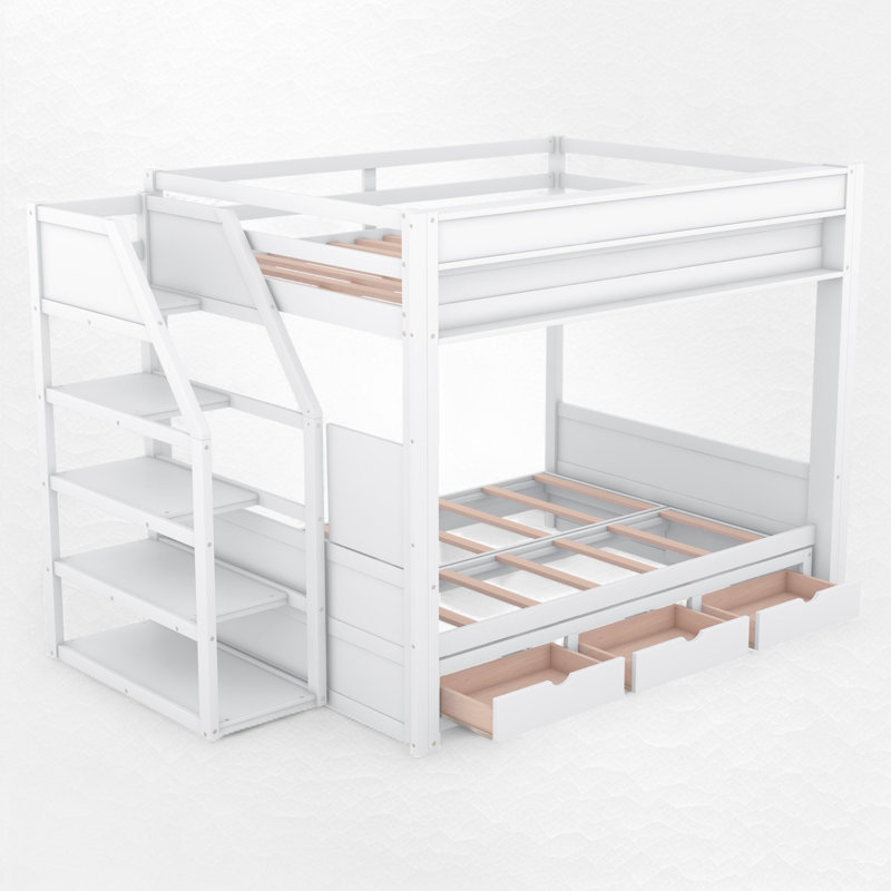 Lit superposé double au-dessus de double avec escalier de rangement, Blanc