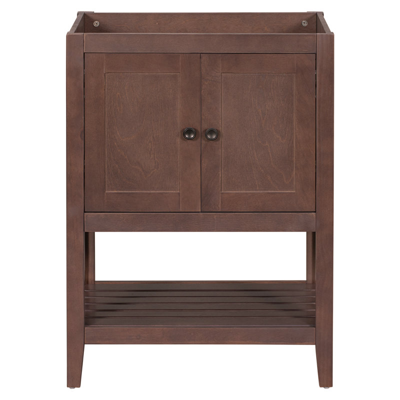 Base de meuble-lavabo 24 po seulement, structure en bois massif, armoire de rangement avec portes et tablette ouverte, Brun