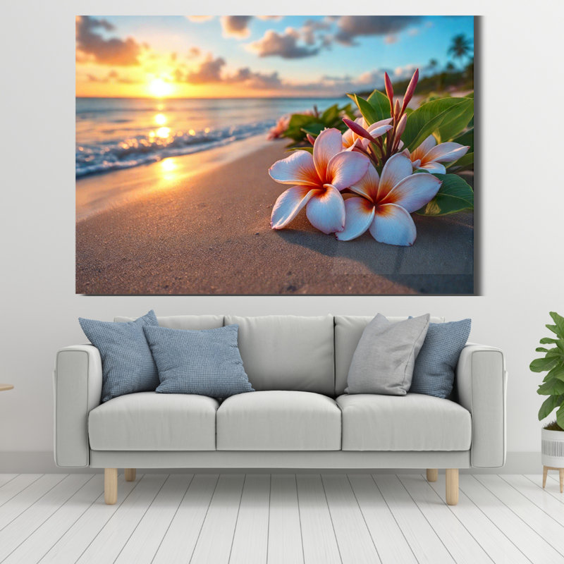 Tropical Beach Plumeria Tempered Glass Wall Art, 18" H x 24" W