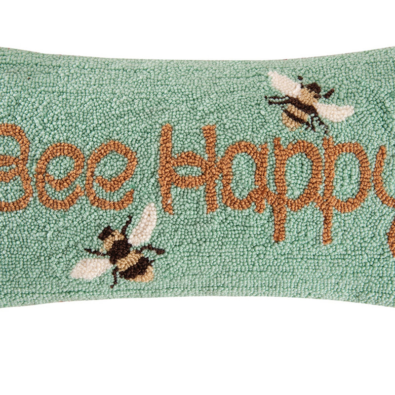 Bee Happy Green Embroidered Rectangular Throw Pillow