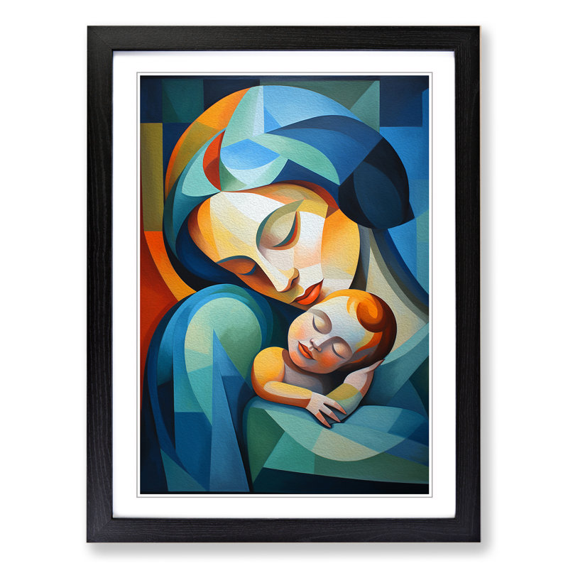 Mother And Baby Cubism No.3 - Single Picture Frame Print on Wood, 64cm H x 46cm W x 2cm D, Black Framed
