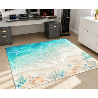 Tapis de plage à motif vagues océaniques, sable, coquillages et eau turquoise réalistes, design artistique, antidérapant, décoration intérieure vibrante pour salon, chambre, entrée, cuisine, balcon, appartement