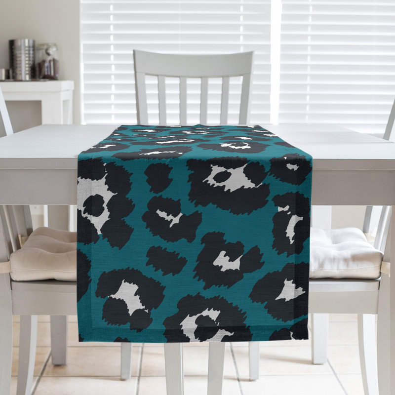 Animal Print Table Runner, 72" x 16", Light Blue/ Black/ White