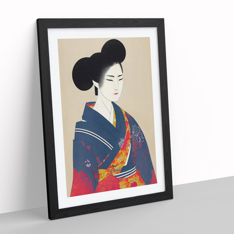 Traditional Geisha No.4 - Wall Art, Black Framed, 66cm H x 48cm W, White