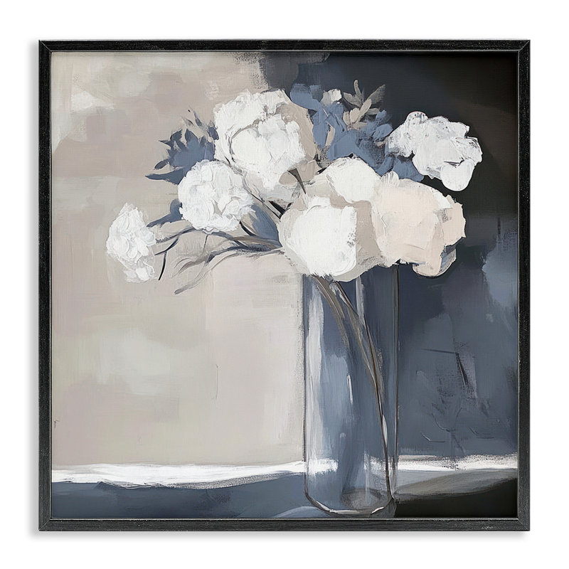 Giclée encadrée de doux pétales gris et beige, design par Mona Grace, Giclée encadrée noir minuit, H 12 po x l 12 po