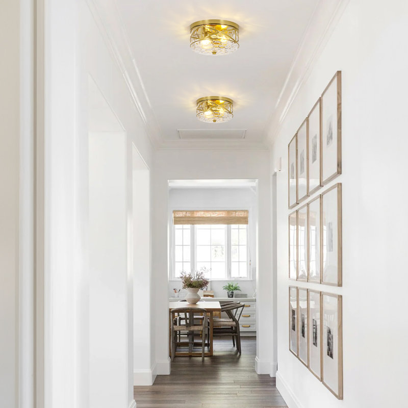 Alixandra 2-Light Flush Mount Glass Ceiling Light with Metal Frame, Gold, 10" L x 10" W x 5" H