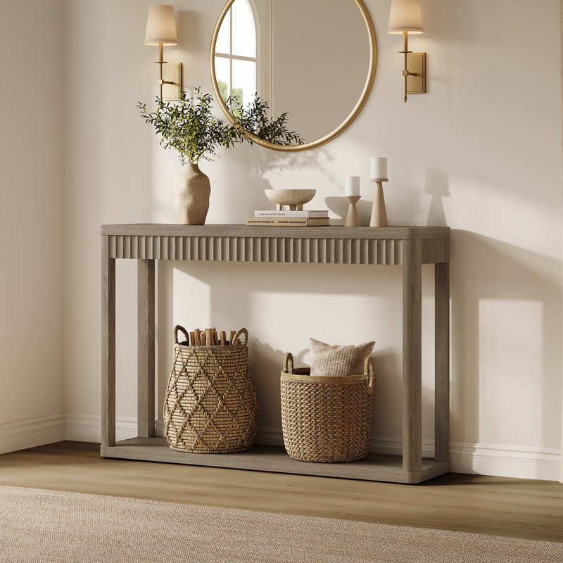 Console cannelée moderne à double couche de 47 po de largeur avec tablette de rangement, canapé en bois pour le salon, la chambre à coucher et le couloir