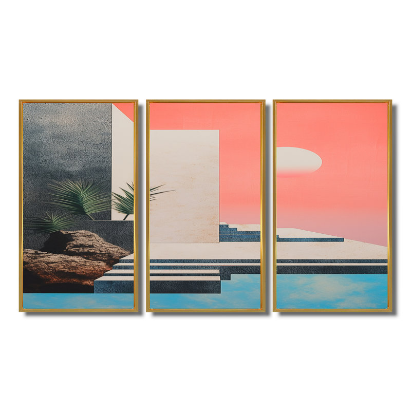 Katherina - ensemble d'art mural abstrait paysage, Cadre flottant doré, H 40 po x l 60 po x P 1 po