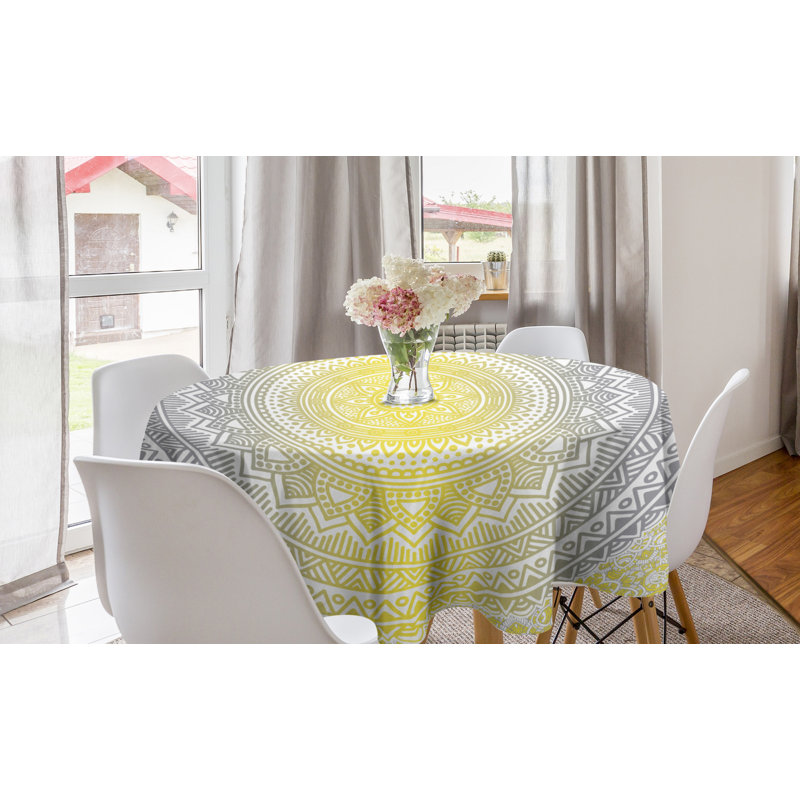 Grey And Yellow Round Tablecloth, Soft Pastel Color Ombre Mandala Circular Art Medallion Print, Circle Table Cloth Cover For Dining Room Kitchen Decoration, 60", Grey Yellow