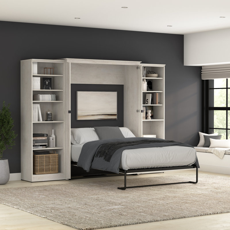 Murphy Bed With Shelving Units, Linen White Oak, Queen