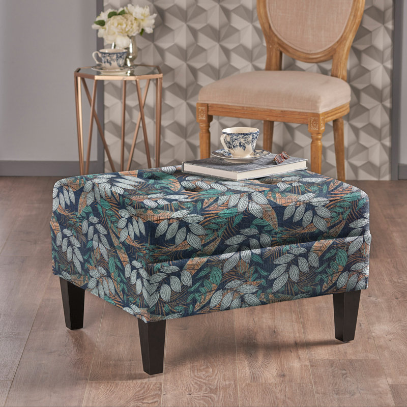  Tufted Upholstered Rectangular Ottoman Bench, Tropical Print Accent Footrest Table, Multicolor