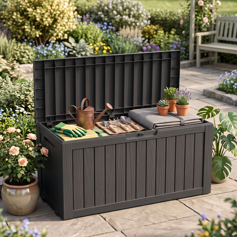 Boîte de rangement extérieure 90 gallons avec siège, boîte de rangement en résine imperméable et verrouillable, Gray