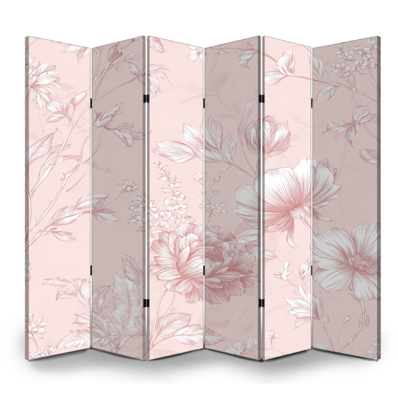 Paravent 6 panneaux à cloison pliable Royal délicat à motif floral rose doux, 6, H 71 po x l 96 po x P 1 po