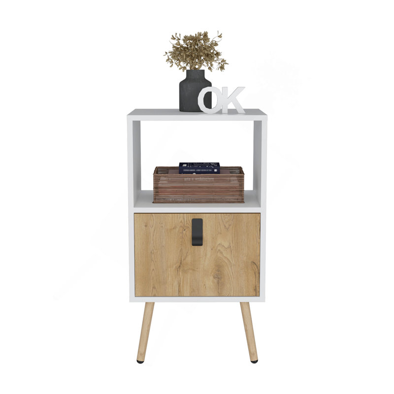 Grande table de chevet H 29 po avec tiroir et rangement fonctionnel, blanc / macadamia