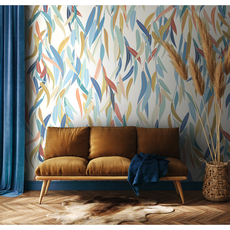Lark Manor Willow Leaves Matte Roll, Denim Blue/Apricot, 350cm L x 280cm W
