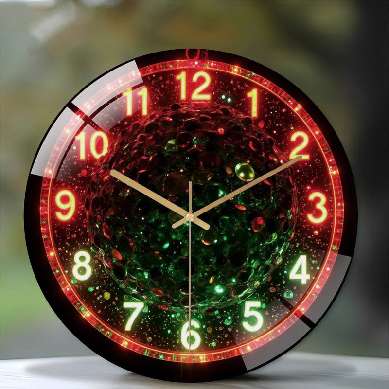 Horloge murale moderne en verre rouge, néon, horloge murale et sphère verte