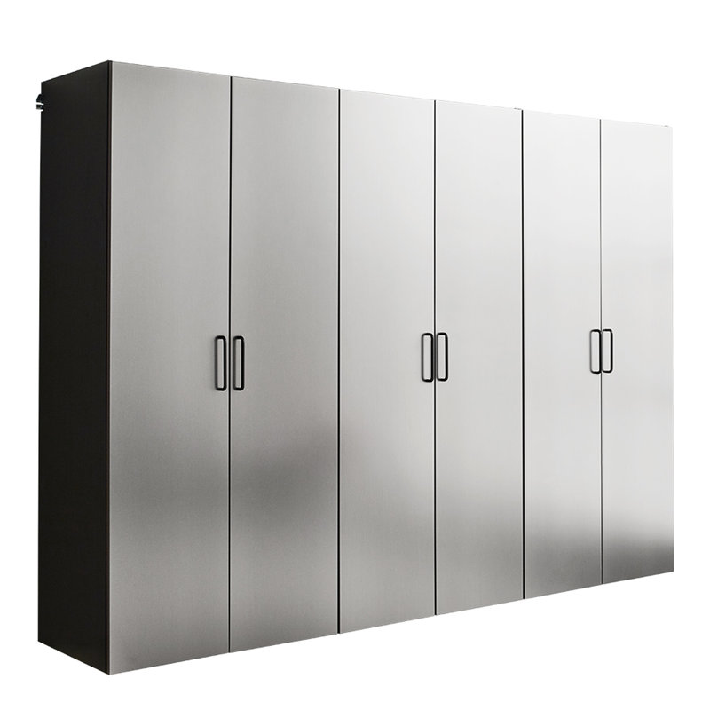 96 po Large armoire de garage D 3 au look gris métallique contemporain - Tiroirs et portes, chauffe-eau, 2X bords plus épais, panneau de qualité E0, système de tablettes, structure métallique robuste l, 79 H, design,