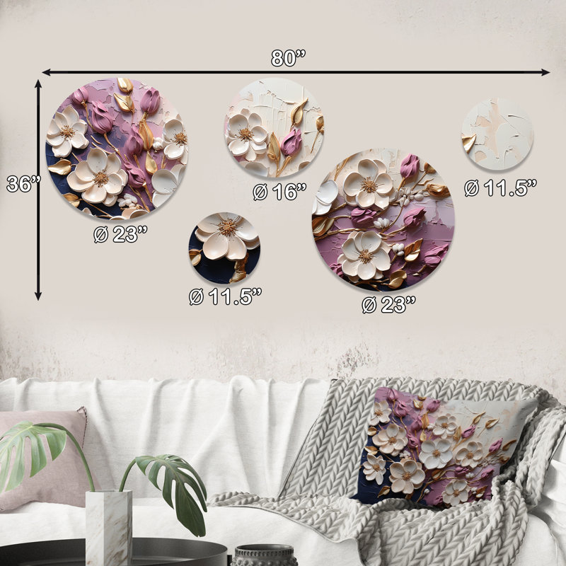 Fleurs de pavot blanches et mauves - ensemble d'art mural abstrait floral rond de 5
