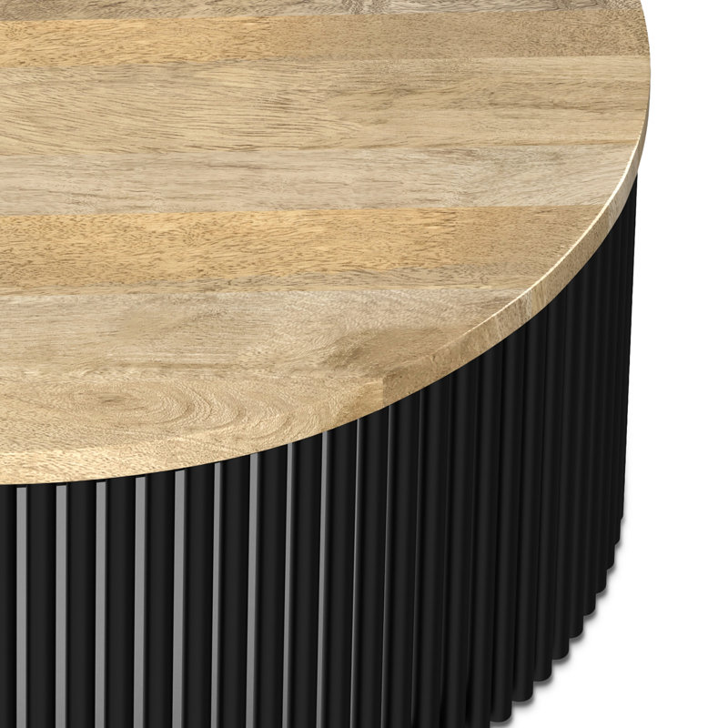 Demy 35"W Solid Wood and Metal Industrial Contemporary Round Coffee Table with Sculptural Base and Powder Coated Frame