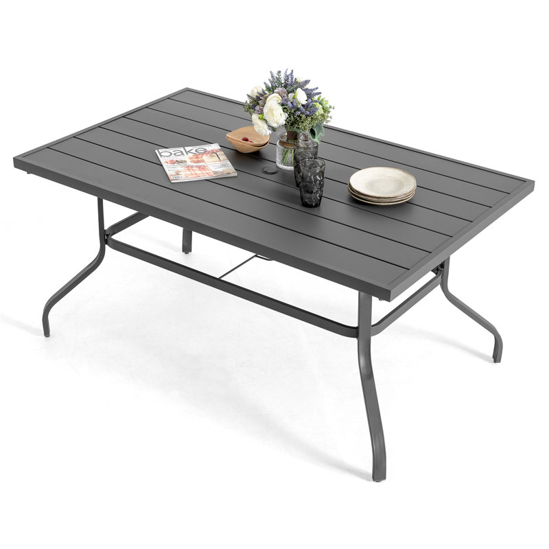 Outdoor Rectangle Powder-coated Iron 6-Person 60.6" Dining Table with 1.57'' Umbrella Hole, Iron Slatted Tabletop and Powder-coated Iron Frame, for Patio
