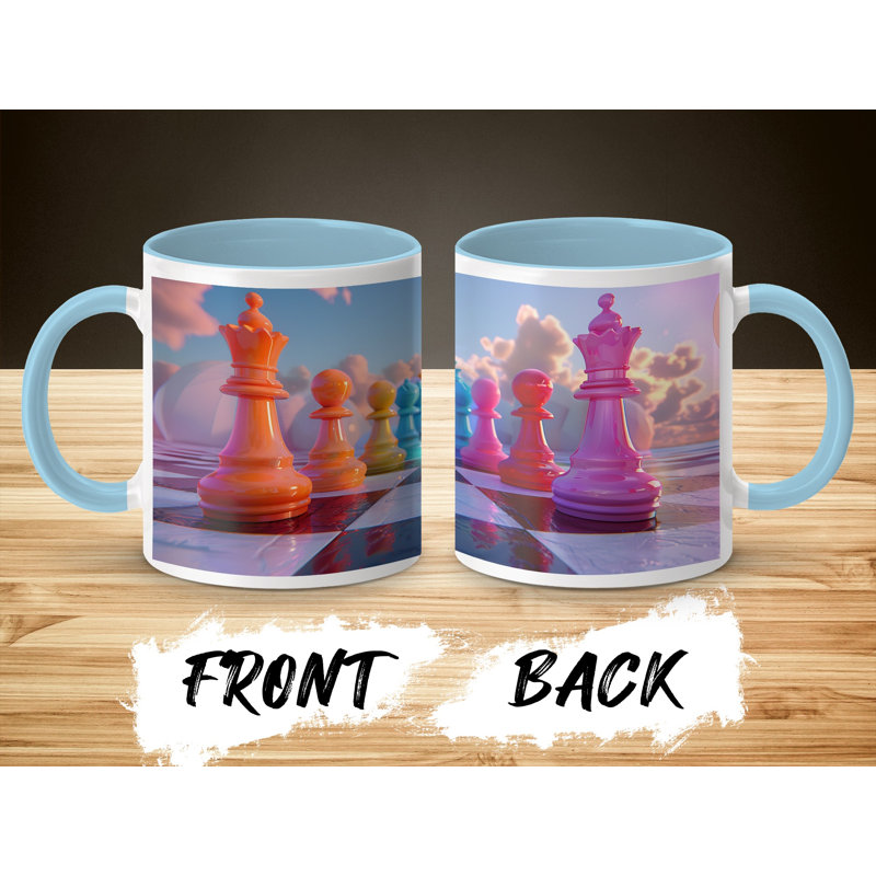 Set of 3 3D Design 11oz Accent Mugs – Ceramic Coffee Cups with a Light Blue Handle and Interior