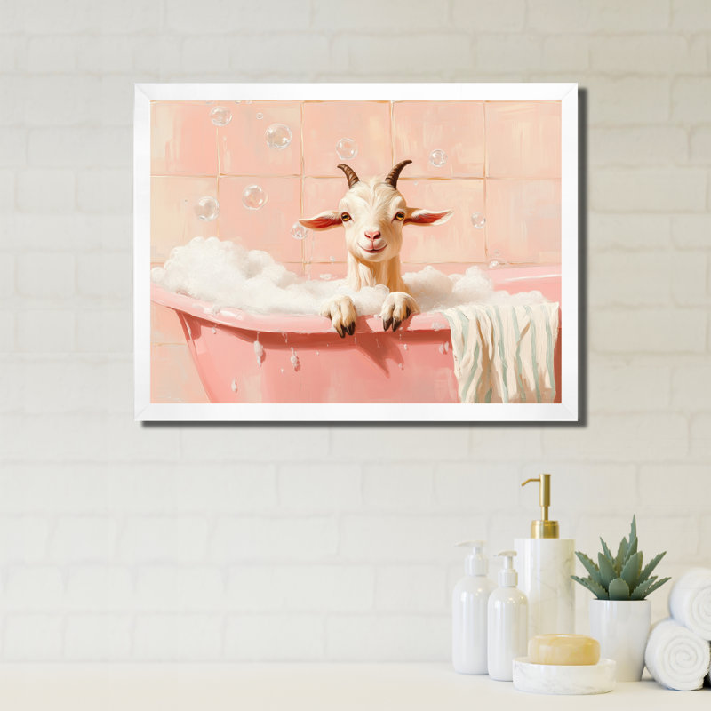 Bulles de bain à la pêche - Tableau encadré sur toile avec chèvre, H 30 po x l 40 po, Cadre photo blanc