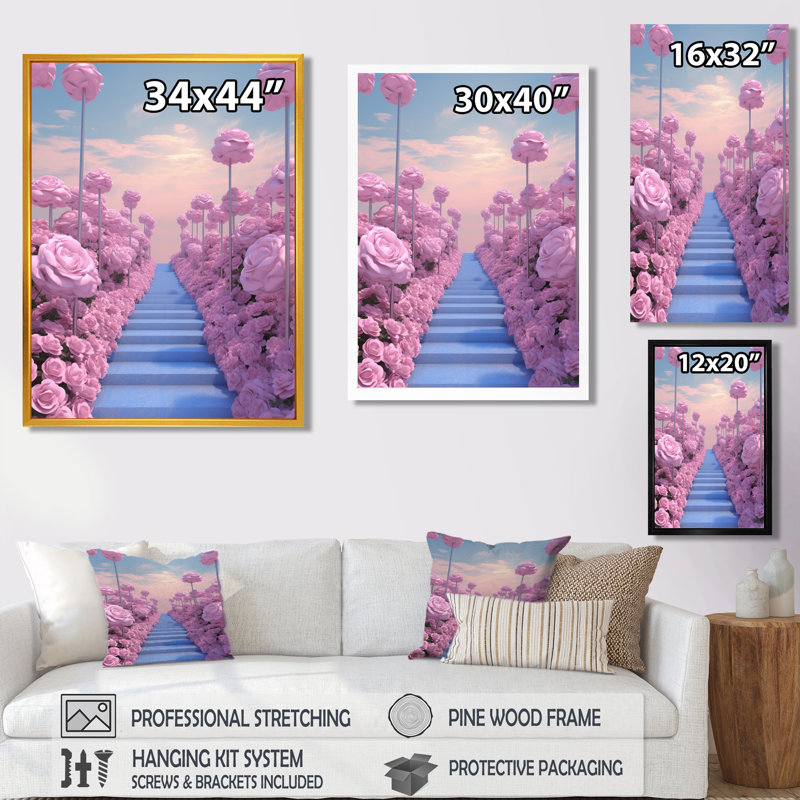 «Blue Stairs Pink Rose Celestial Pathway» - roses, art mural, H 20 po x l 12 po x P 1 po, Toile avec cadre flottant noir