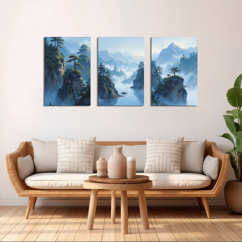 Tableau sur toile tendue représentant un paysage de montagne brumeux (ensemble de 3), H 30 po x l 60 po